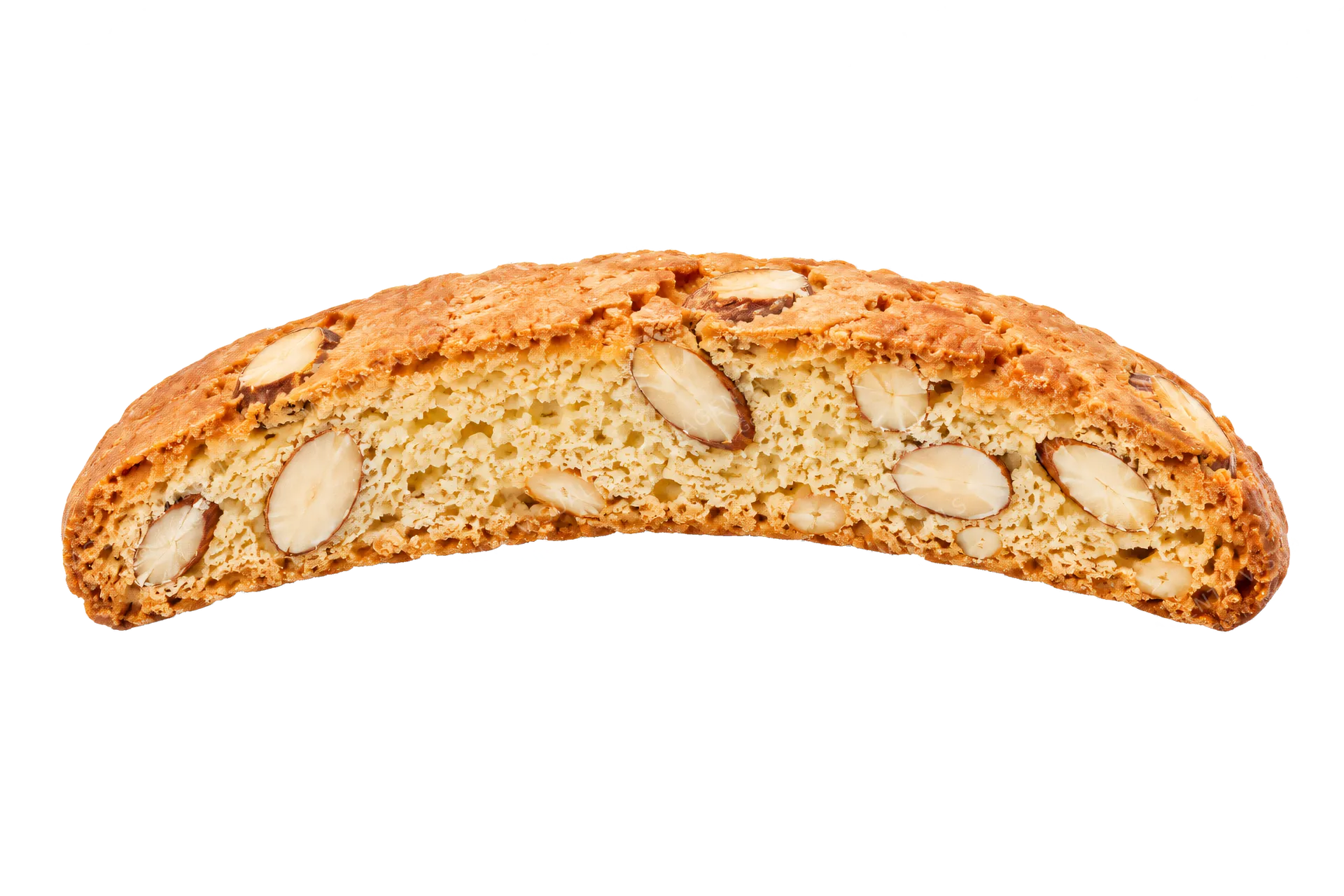 4K transparent cutout of product photography of a single twice-baked almond biscotti cookie with a slightly curved, elongated shape and visible almond slices, isolated object, entire subject visible, cent…