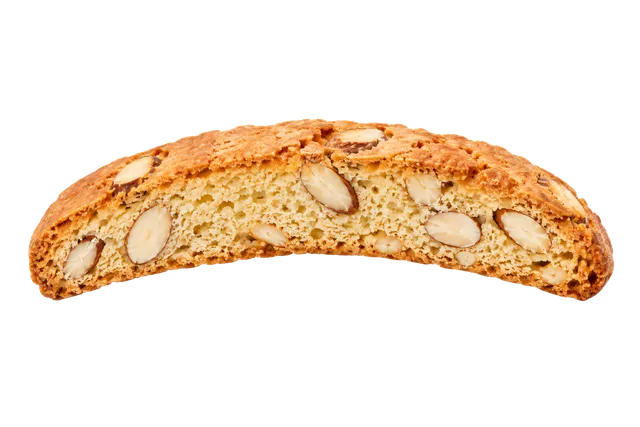 4K transparent cutout of product photography of a single twice-baked almond biscotti cookie with a slightly curved, elongated shape and visible almond slices, isolated object, entire subject visible, cent…
