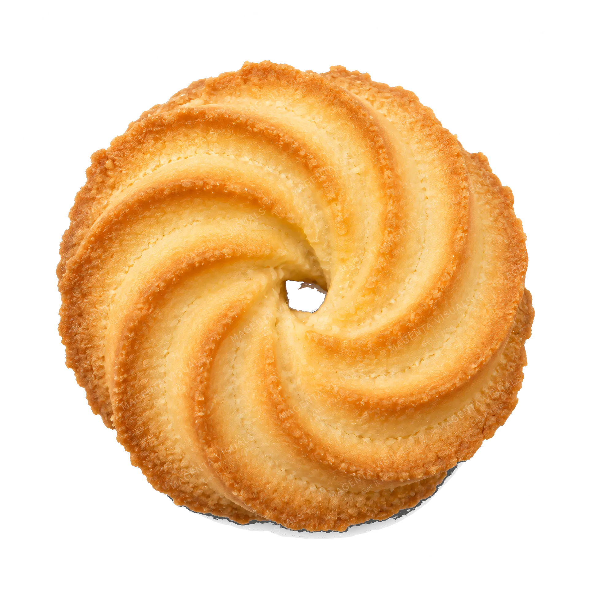 4K transparent cutout of product photography of a single classic golden brown Danish butter cookie with a piped swirl pattern, isolated object, entire subject visible, centered in frame, pure white backgr…