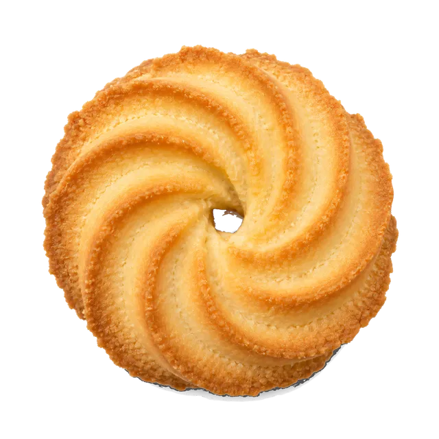 4K transparent cutout of product photography of a single classic golden brown Danish butter cookie with a piped swirl pattern, isolated object, entire subject visible, centered in frame, pure white backgr…