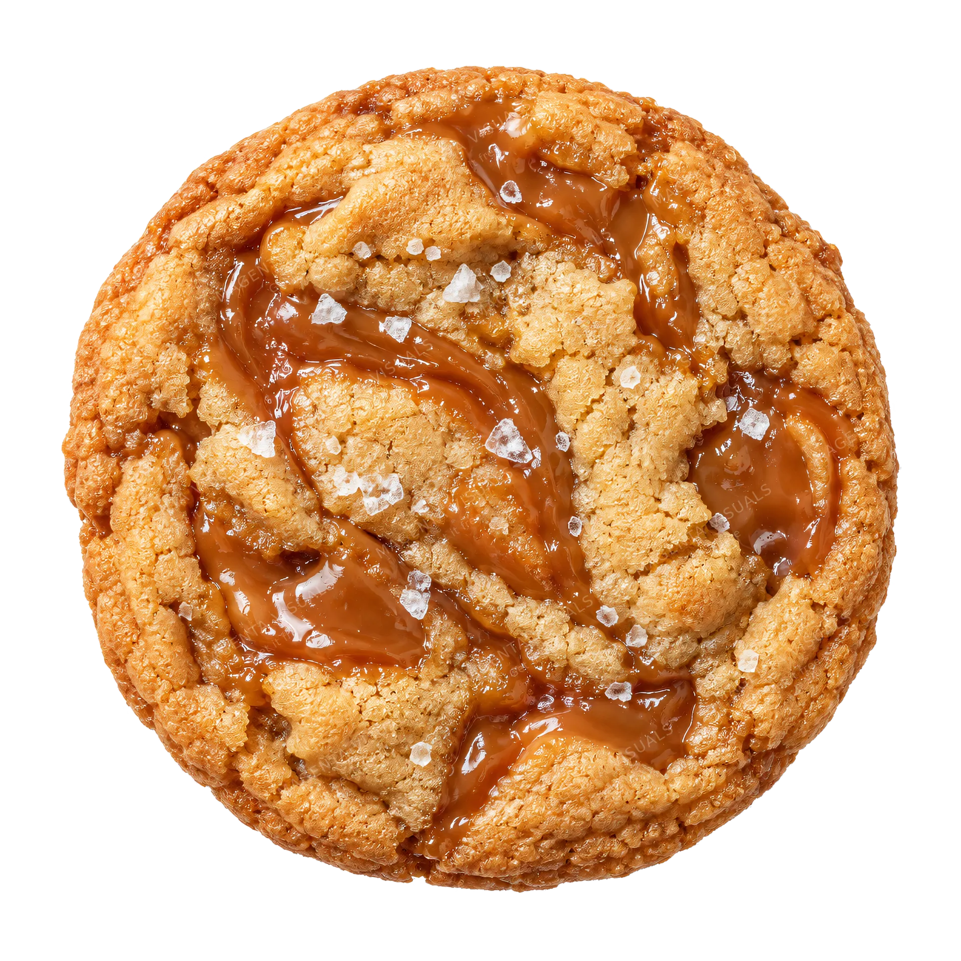 4K transparent cutout of product photography of a single round, golden-brown cookie with gooey caramel swirls and a light sprinkle of sea salt, isolated object, entire subject visible, centered in frame,…