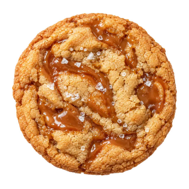 4K transparent cutout of product photography of a single round, golden-brown cookie with gooey caramel swirls and a light sprinkle of sea salt, isolated object, entire subject visible, centered in frame,…