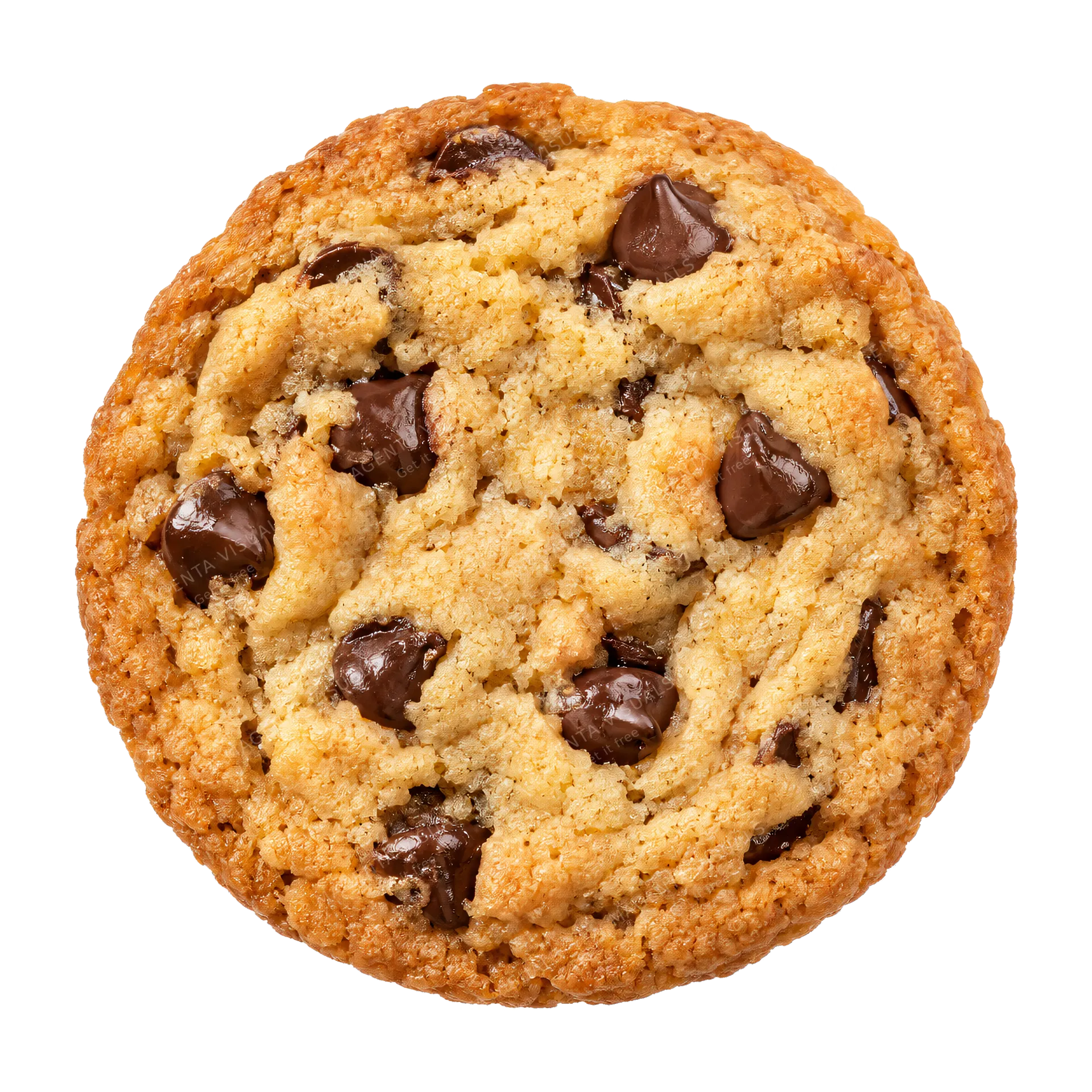 4K transparent cutout of product photography of a single classic chocolate chip cookie, golden brown baked dough with scattered dark chocolate chips, slightly crisp edges and a soft center, isolated objec…