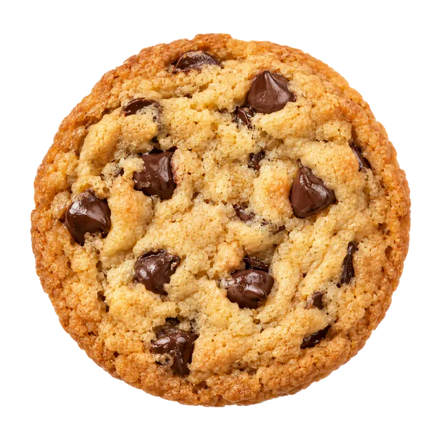 4K transparent cutout of product photography of a single classic chocolate chip cookie, golden brown baked dough with scattered dark chocolate chips, slightly crisp edges and a soft center, isolated objec…