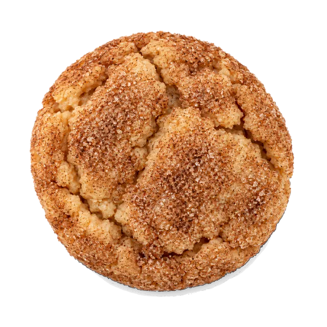 4K transparent cutout of product photography of a single warm, cracked cinnamon cookie heavily dusted with cinnamon-sugar mixture, isolated object, entire subject visible, centered in frame, pure white ba…