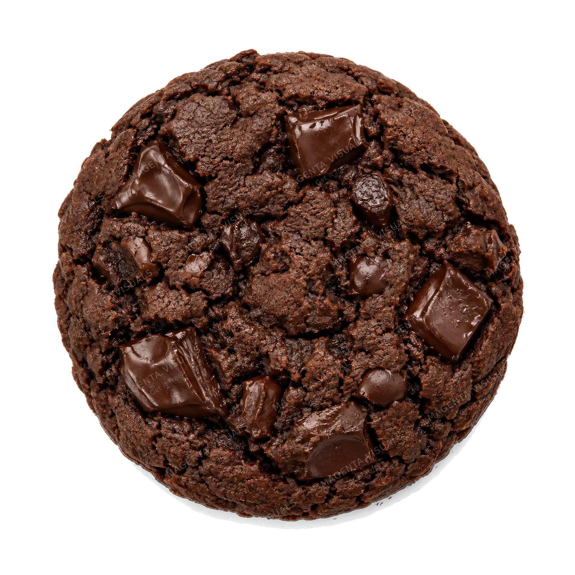 4K transparent cutout of product photography of a single double chocolate cookie, isolated object, entire subject visible, centered in frame, pure white background, seamless white backdrop, high key studi…