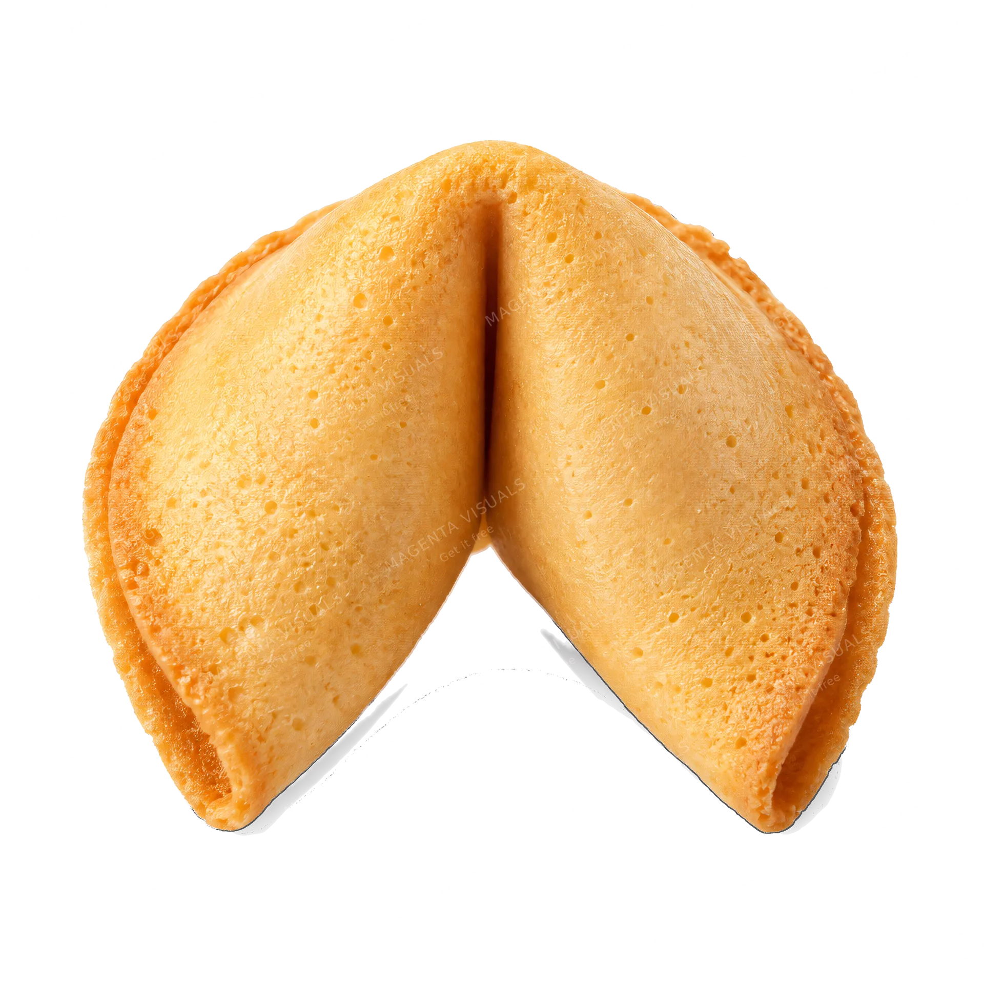 4K transparent cutout of product photography of a single crispy golden-brown fortune cookie with its characteristic folded shape, isolated object, entire subject visible, centered in frame, pure white bac…