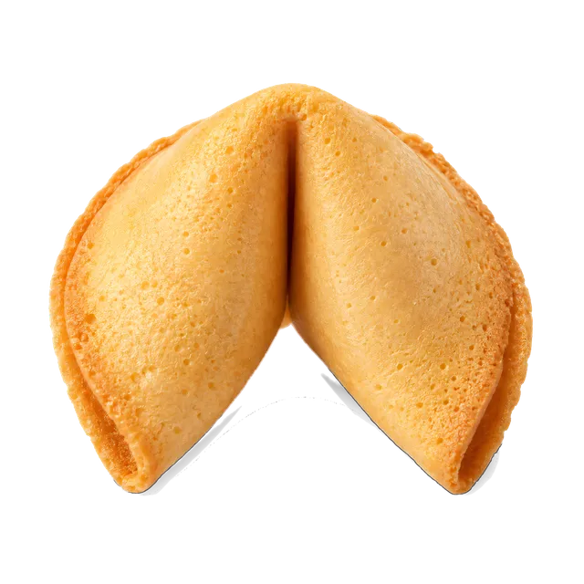 4K transparent cutout of product photography of a single crispy golden-brown fortune cookie with its characteristic folded shape, isolated object, entire subject visible, centered in frame, pure white bac…