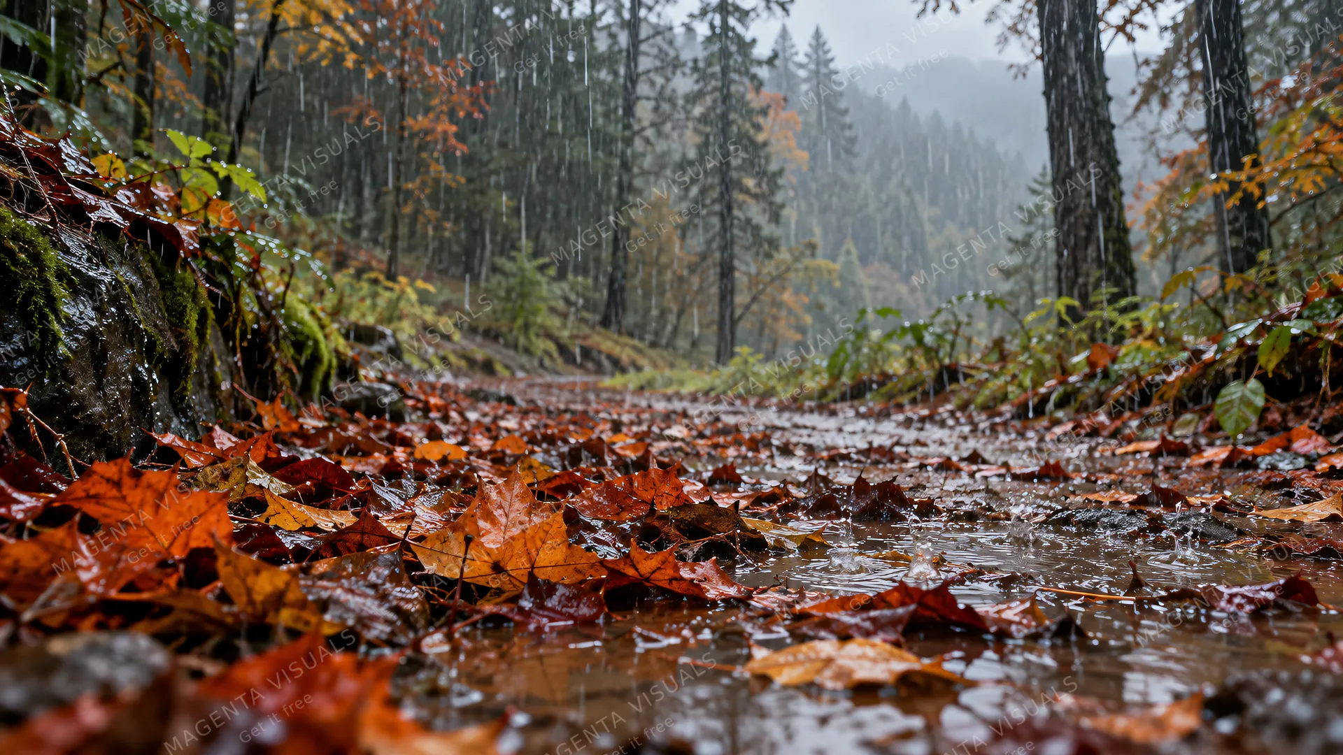 4K 16:9 photoreal photograph of heavy rain falling in a lush autumn forest, the scene captured with a shallow depth of field focusing on vibrant fallen leaves in orange and crimson h…