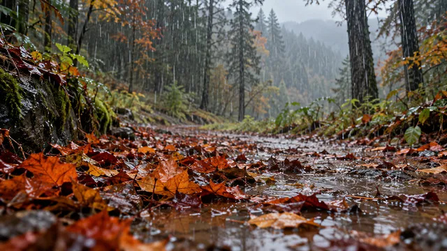 4K 16:9 photoreal photograph of heavy rain falling in a lush autumn forest, the scene captured with a shallow depth of field focusing on vibrant fallen leaves in orange and crimson h…