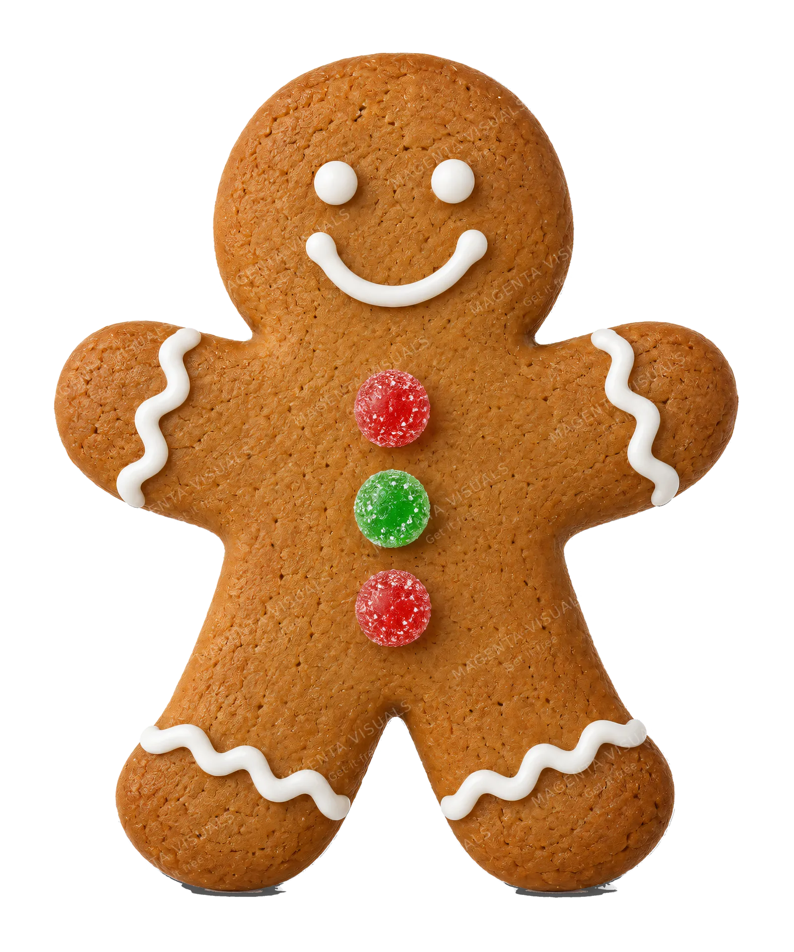 4K transparent cutout of product photography of a single gingerbread man cookie with classic white icing details and gumdrop buttons, isolated object, entire subject visible, centered in frame, pure white…