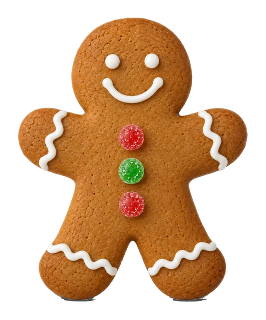 4K transparent cutout of product photography of a single gingerbread man cookie with classic white icing details and gumdrop buttons, isolated object, entire subject visible, centered in frame, pure white…