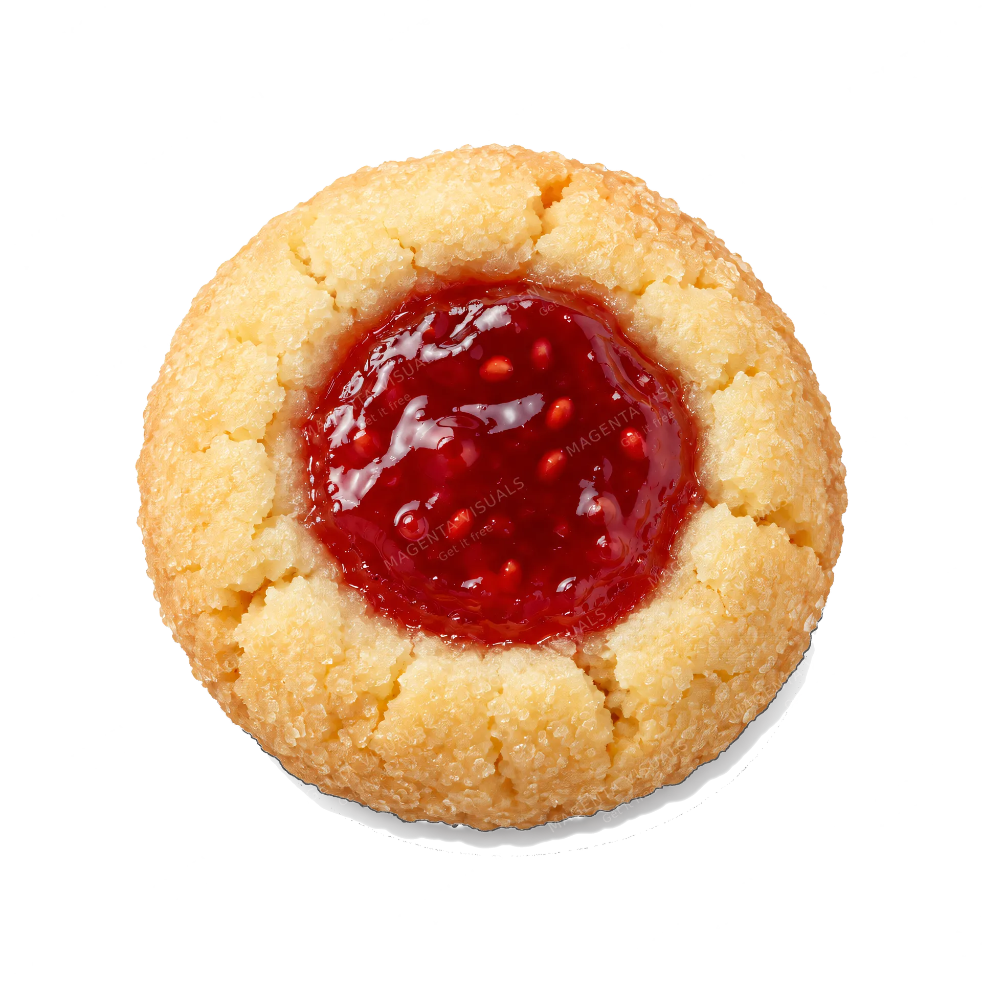 4K transparent cutout of product photography of a single jam thumbprint cookie with bright red fruit jam in the center, isolated object, entire subject visible, centered in frame, pure white background, s…