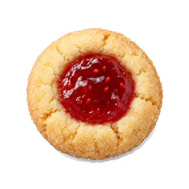 4K transparent cutout of product photography of a single jam thumbprint cookie with bright red fruit jam in the center, isolated object, entire subject visible, centered in frame, pure white background, s…