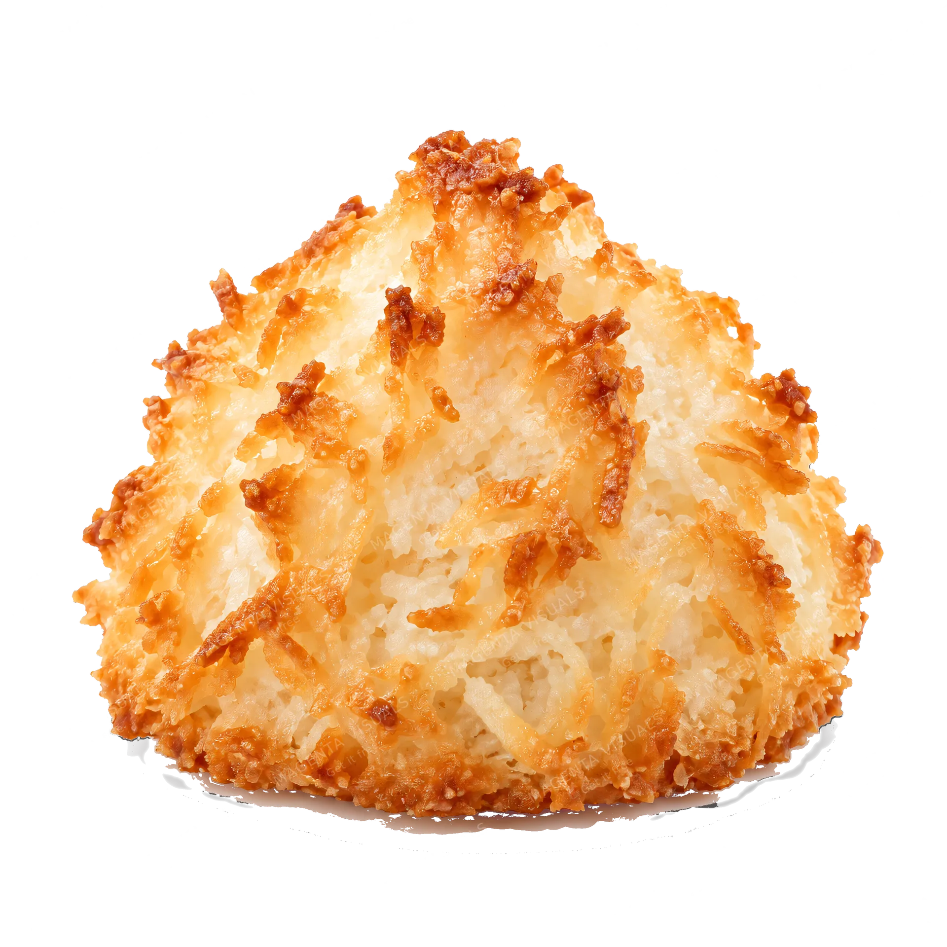 4K transparent cutout of product photography of a single coconut macaroon with toasted golden edges and a textured surface, isolated object, entire subject visible, centered in frame, pure white backgroun…