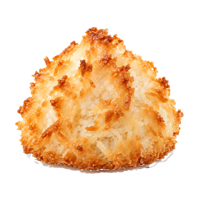 4K transparent cutout of product photography of a single coconut macaroon with toasted golden edges and a textured surface, isolated object, entire subject visible, centered in frame, pure white backgroun…