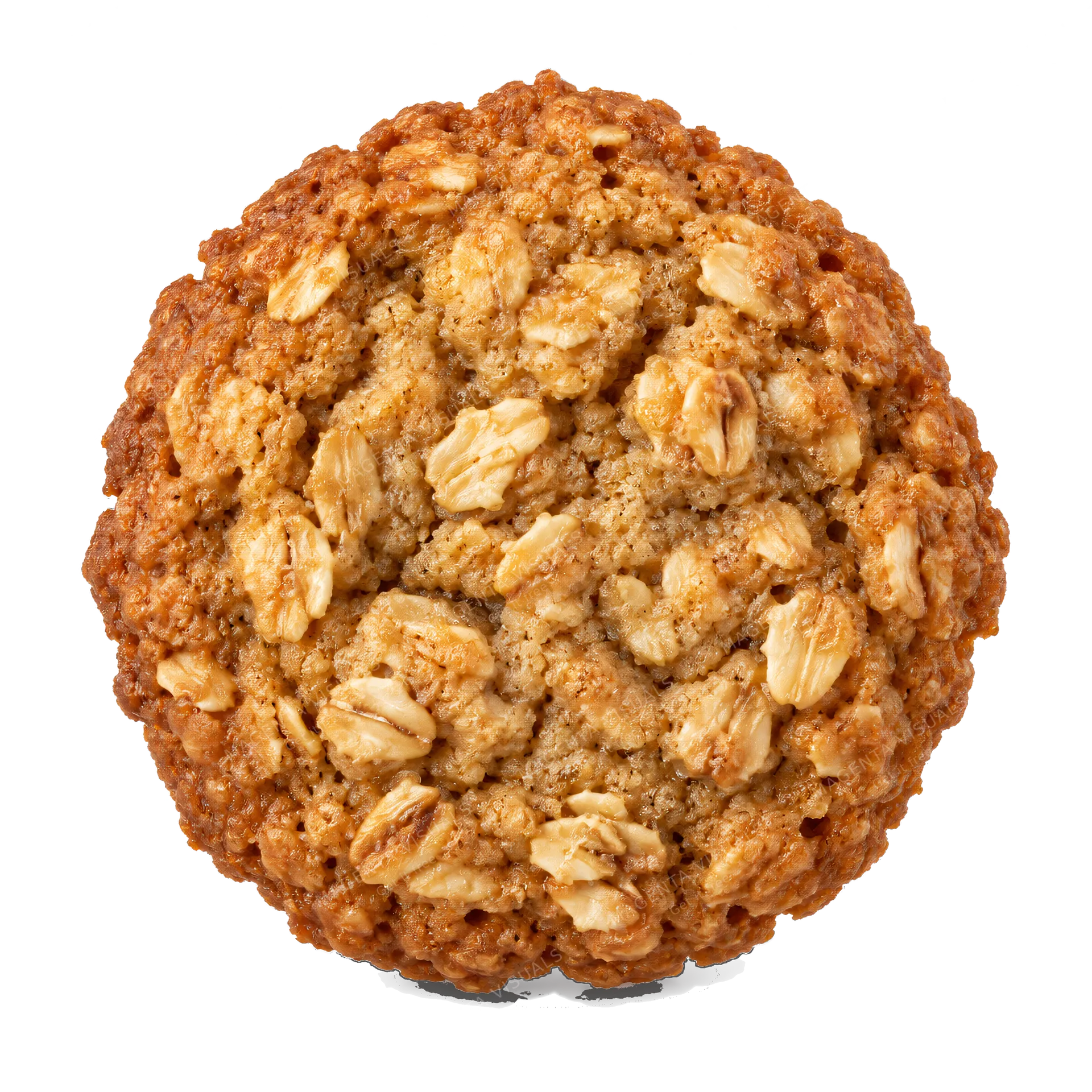4K transparent cutout of product photography of a single rustic oatmeal cookie with a textured, slightly bumpy surface featuring visible rolled oats and light brown caramelized edges, isolated object, ent…
