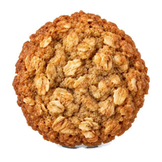 4K transparent cutout of product photography of a single rustic oatmeal cookie with a textured, slightly bumpy surface featuring visible rolled oats and light brown caramelized edges, isolated object, ent…