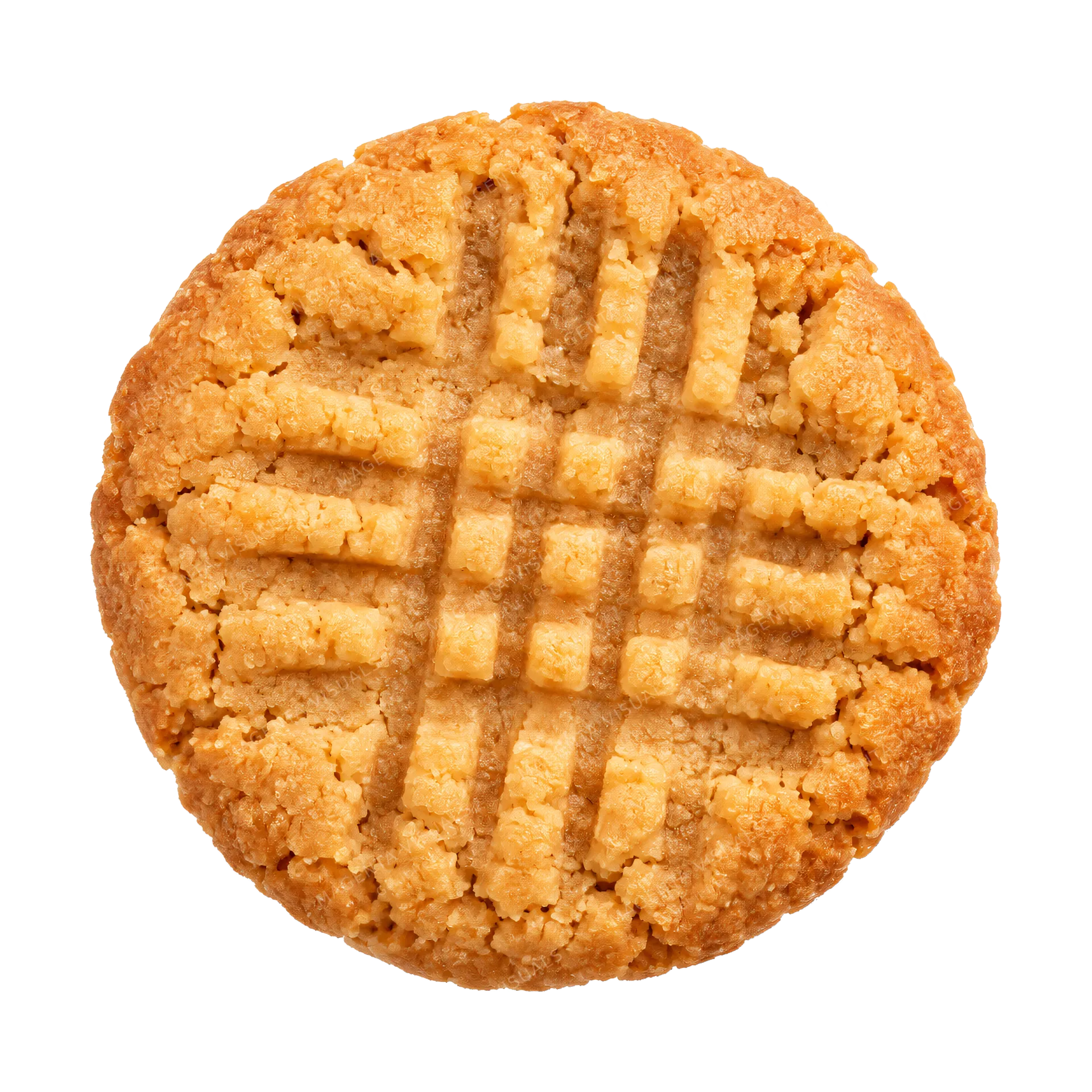 4K transparent cutout of product photography of a single peanut butter cookie with a classic criss-cross fork pattern on top, crumbly texture, golden-brown edges, isolated object, entire subject visible,…