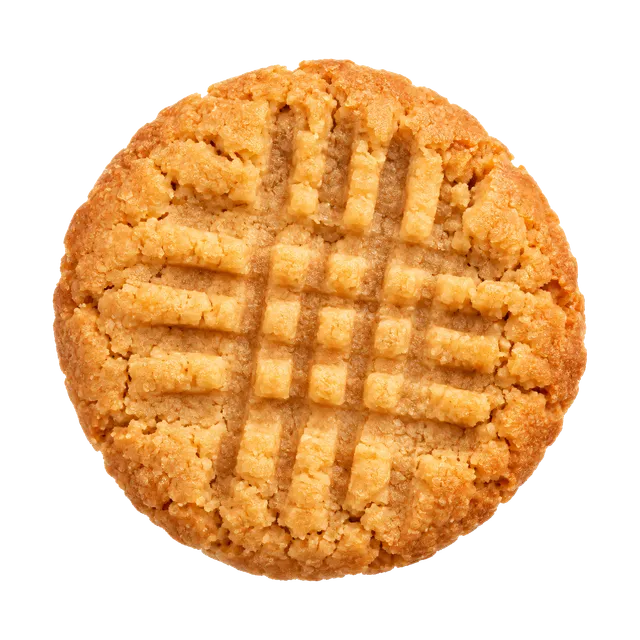 4K transparent cutout of product photography of a single peanut butter cookie with a classic criss-cross fork pattern on top, crumbly texture, golden-brown edges, isolated object, entire subject visible,…