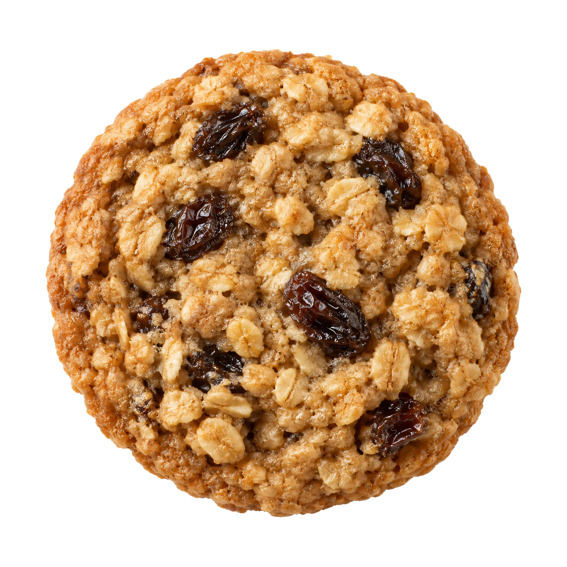 4K transparent cutout of product photography of a single classic oatmeal raisin cookie with visible baked raisins and a crinkled chewy texture, isolated object, entire subject visible, centered in frame,…