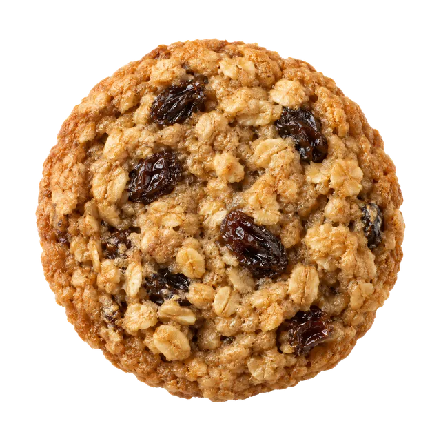 4K transparent cutout of product photography of a single classic oatmeal raisin cookie with visible baked raisins and a crinkled chewy texture, isolated object, entire subject visible, centered in frame,…