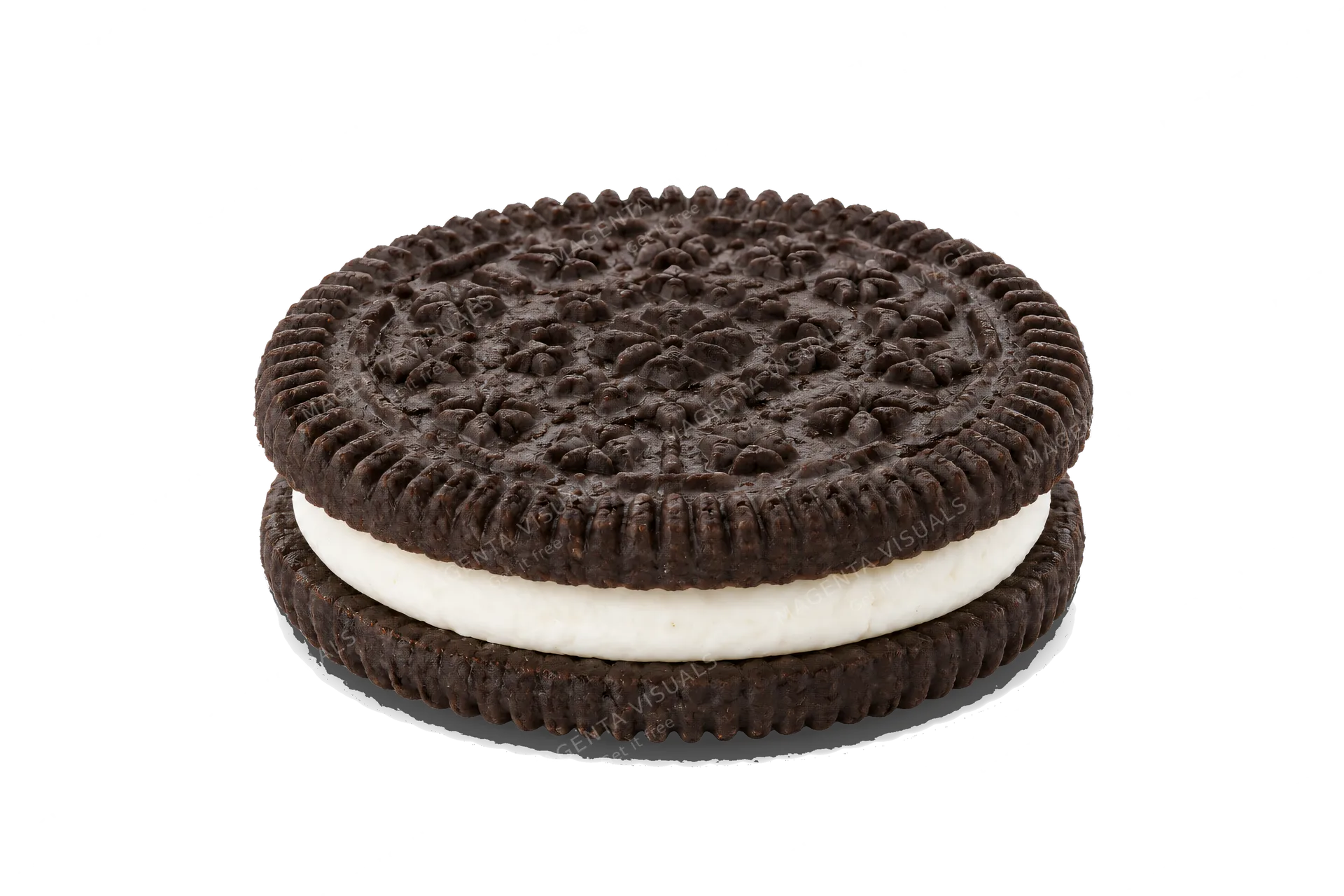4K transparent cutout of product photography of a single sandwich cookie with vanilla cream filling between two chocolate wafers, isolated object, entire subject visible, centered in frame, pure white bac…