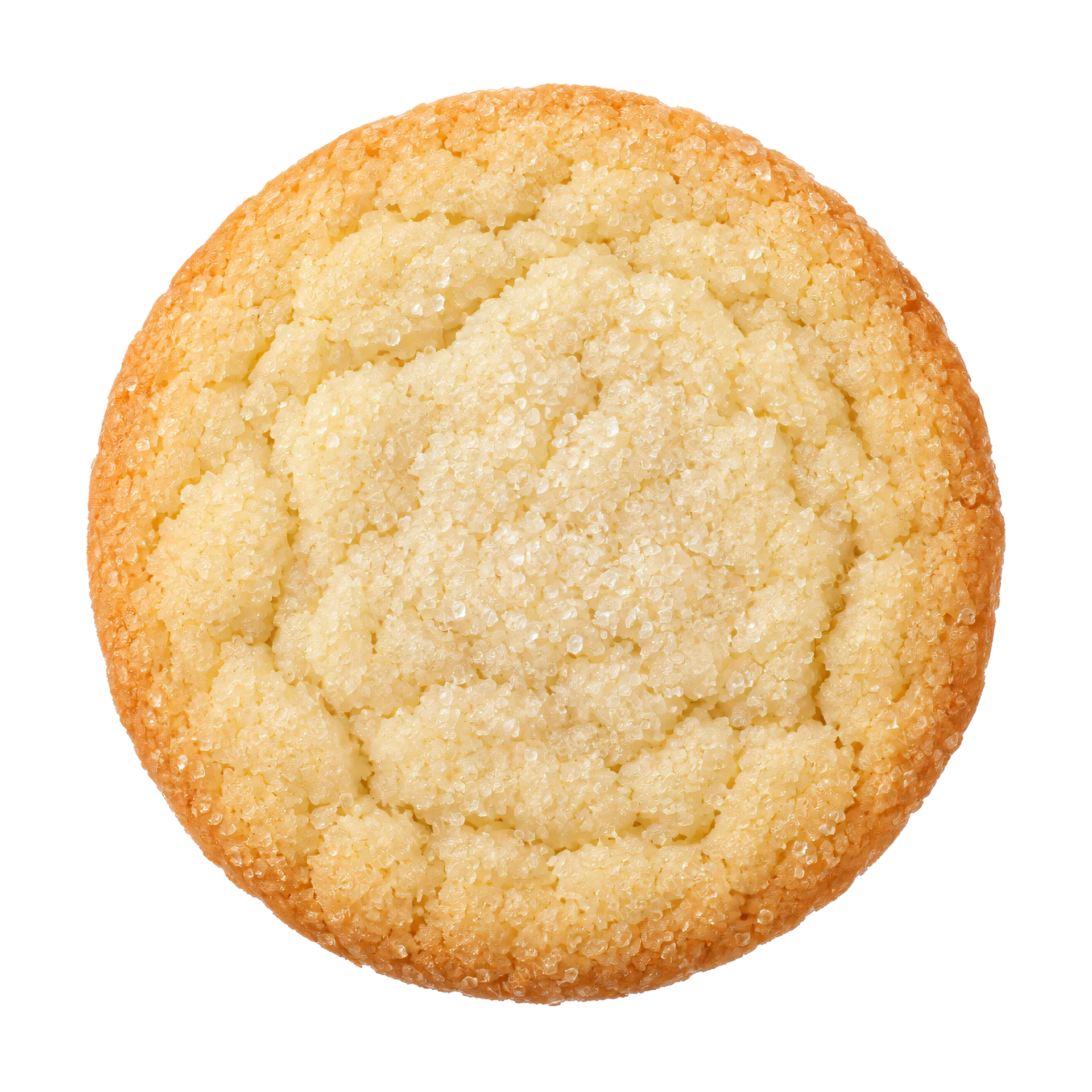 4K transparent cutout of product photography of a single classic sugar cookie, sprinkled with fine sugar crystals and golden baked edges, isolated object, entire subject visible, centered in frame, pure w…