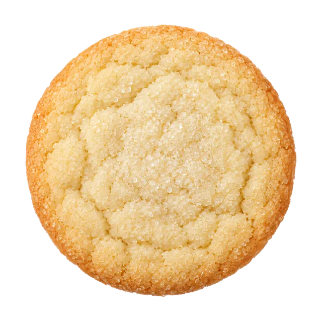 4K transparent cutout of product photography of a single classic sugar cookie, sprinkled with fine sugar crystals and golden baked edges, isolated object, entire subject visible, centered in frame, pure w…
