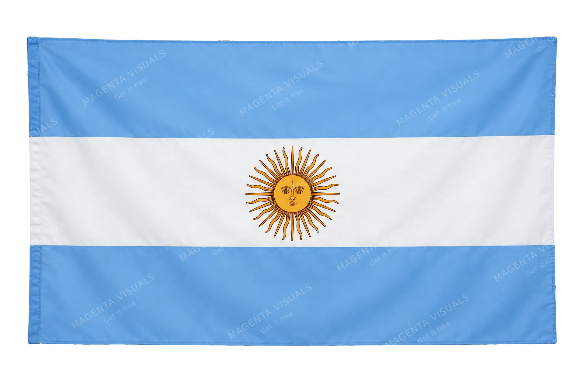 4K transparent cutout of product photography of a single official national flag of Argentina, isolated object, entire flag visible, centered in frame, correct colors and emblem, hanging as a flat rectangu…