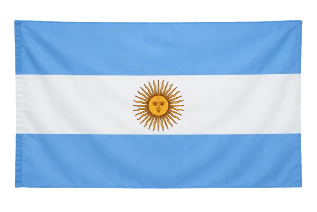 4K transparent cutout of product photography of a single official national flag of Argentina, isolated object, entire flag visible, centered in frame, correct colors and emblem, hanging as a flat rectangu…