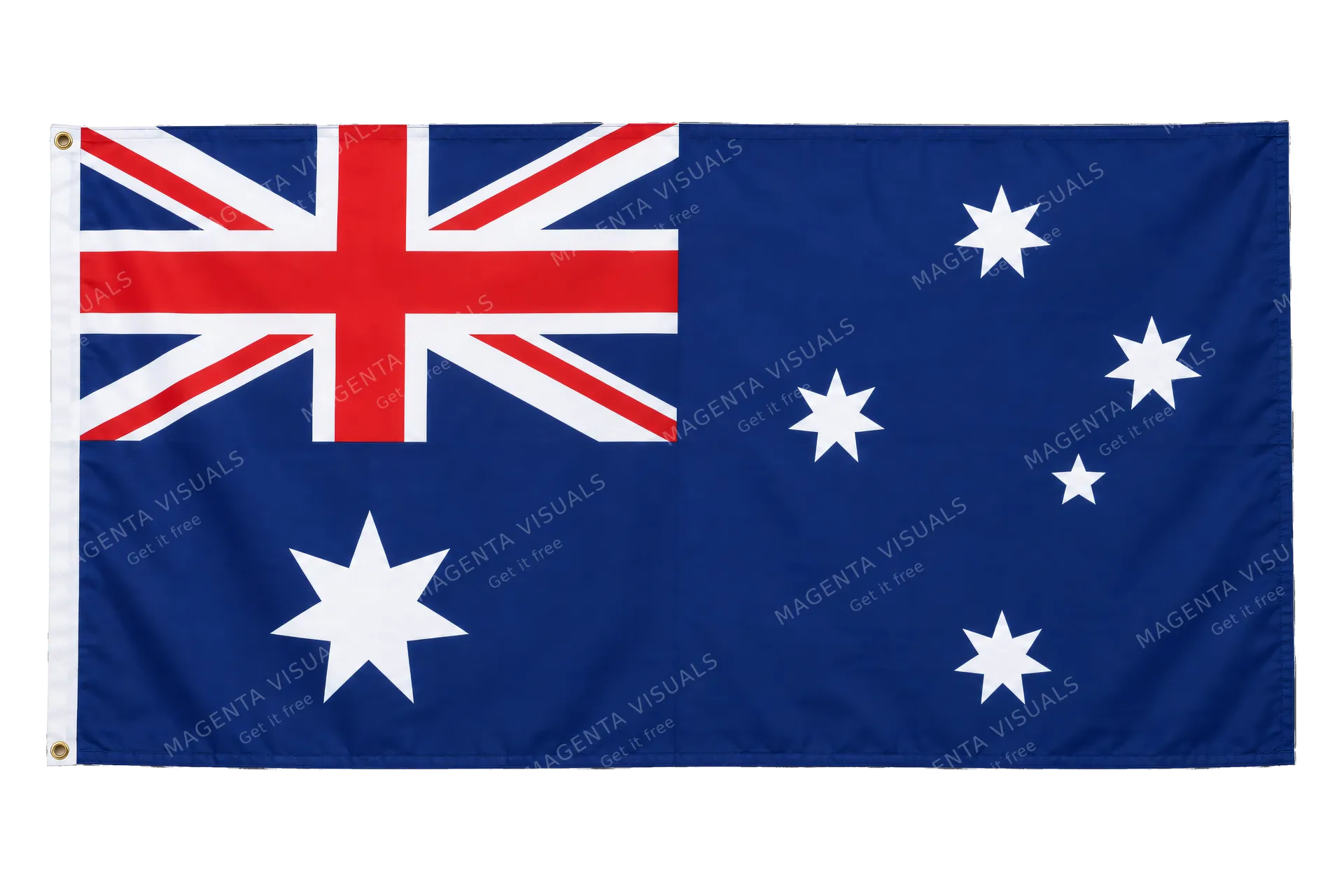 4K transparent cutout of product photography of a single official national flag of Australia, isolated object, entire flag visible, centered in frame, correct colors and emblem, hanging as a flat rectangu…
