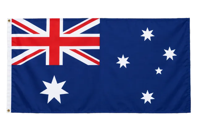 4K transparent cutout of product photography of a single official national flag of Australia, isolated object, entire flag visible, centered in frame, correct colors and emblem, hanging as a flat rectangu…