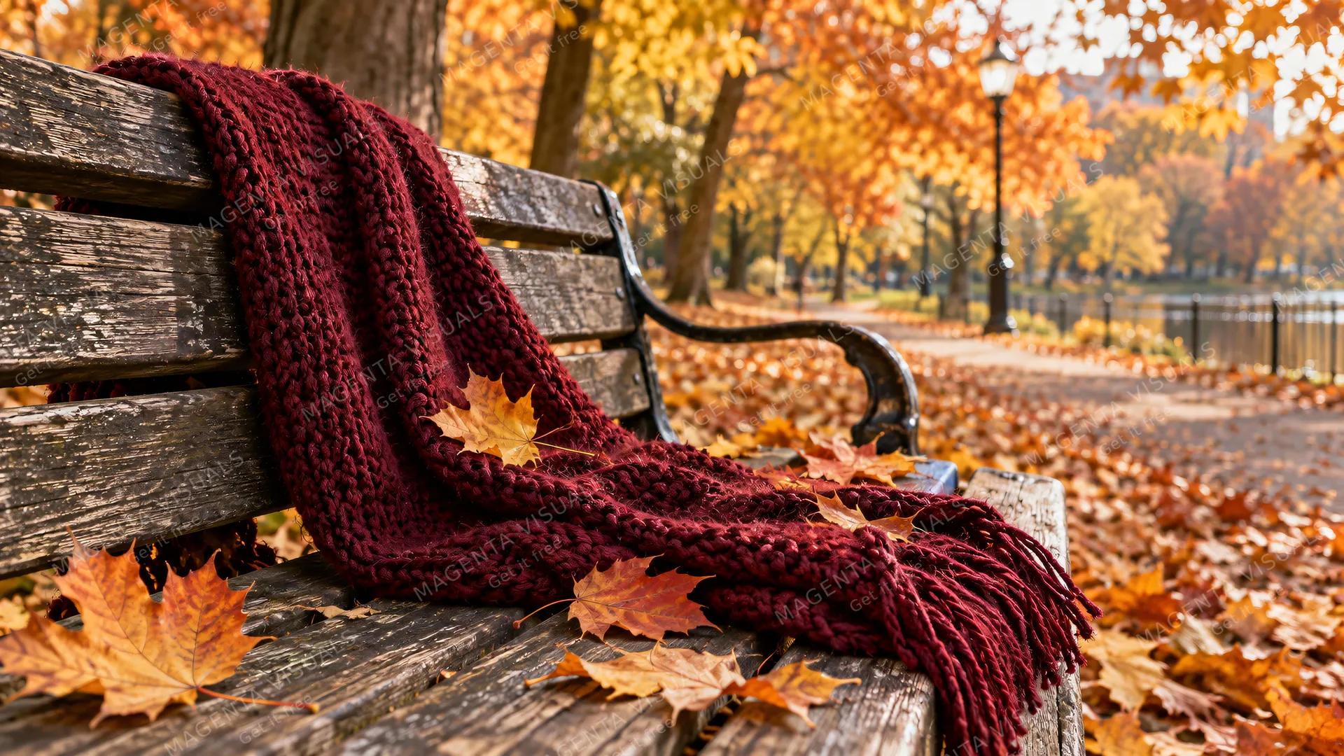 4K 16:9 photoreal photograph of a thick knitted burgundy wool scarf casually draped over a weathered wooden park bench during the autumn season.