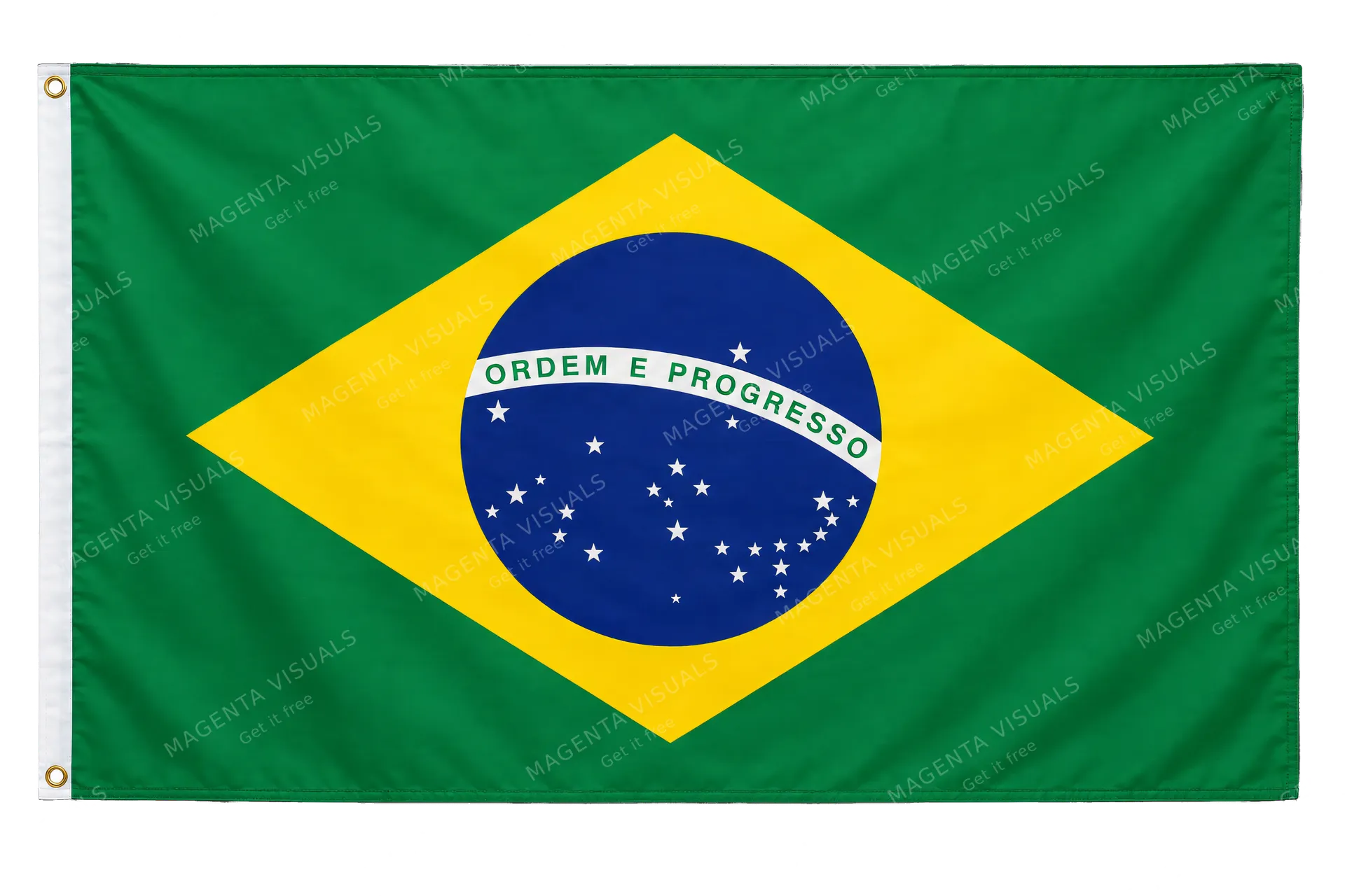 4K transparent cutout of product photography of a single official national flag of Brazil, isolated object, entire flag visible, centered in frame, correct colors and emblem, hanging as a flat rectangular…