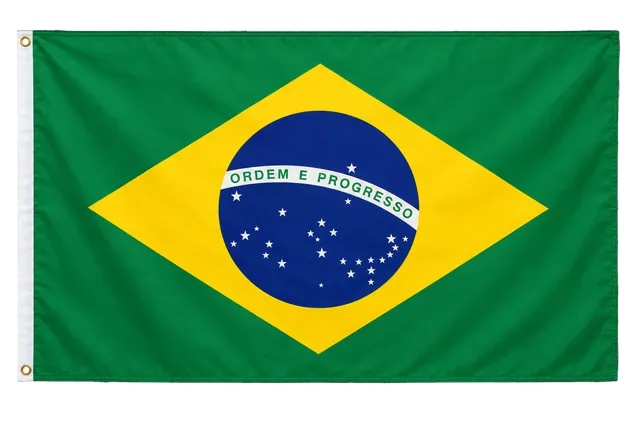 4K transparent cutout of product photography of a single official national flag of Brazil, isolated object, entire flag visible, centered in frame, correct colors and emblem, hanging as a flat rectangular…