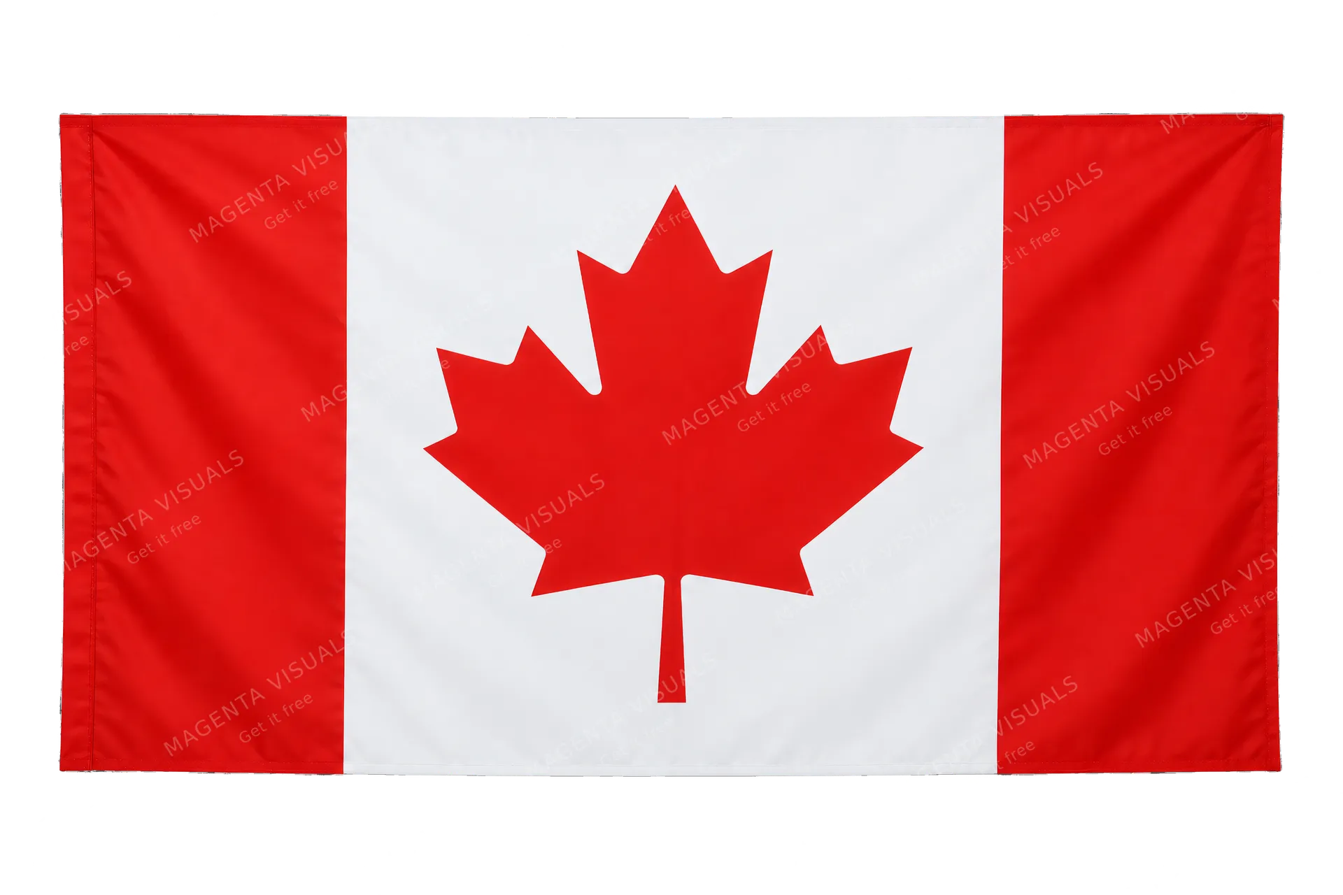 4K transparent cutout of product photography of a single official national flag of Canada, isolated object, entire flag visible, centered in frame, correct colors and emblem, hanging as a flat rectangular…