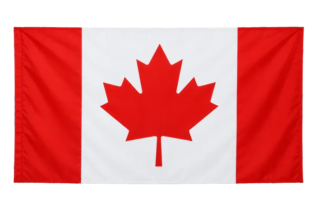 4K transparent cutout of product photography of a single official national flag of Canada, isolated object, entire flag visible, centered in frame, correct colors and emblem, hanging as a flat rectangular…
