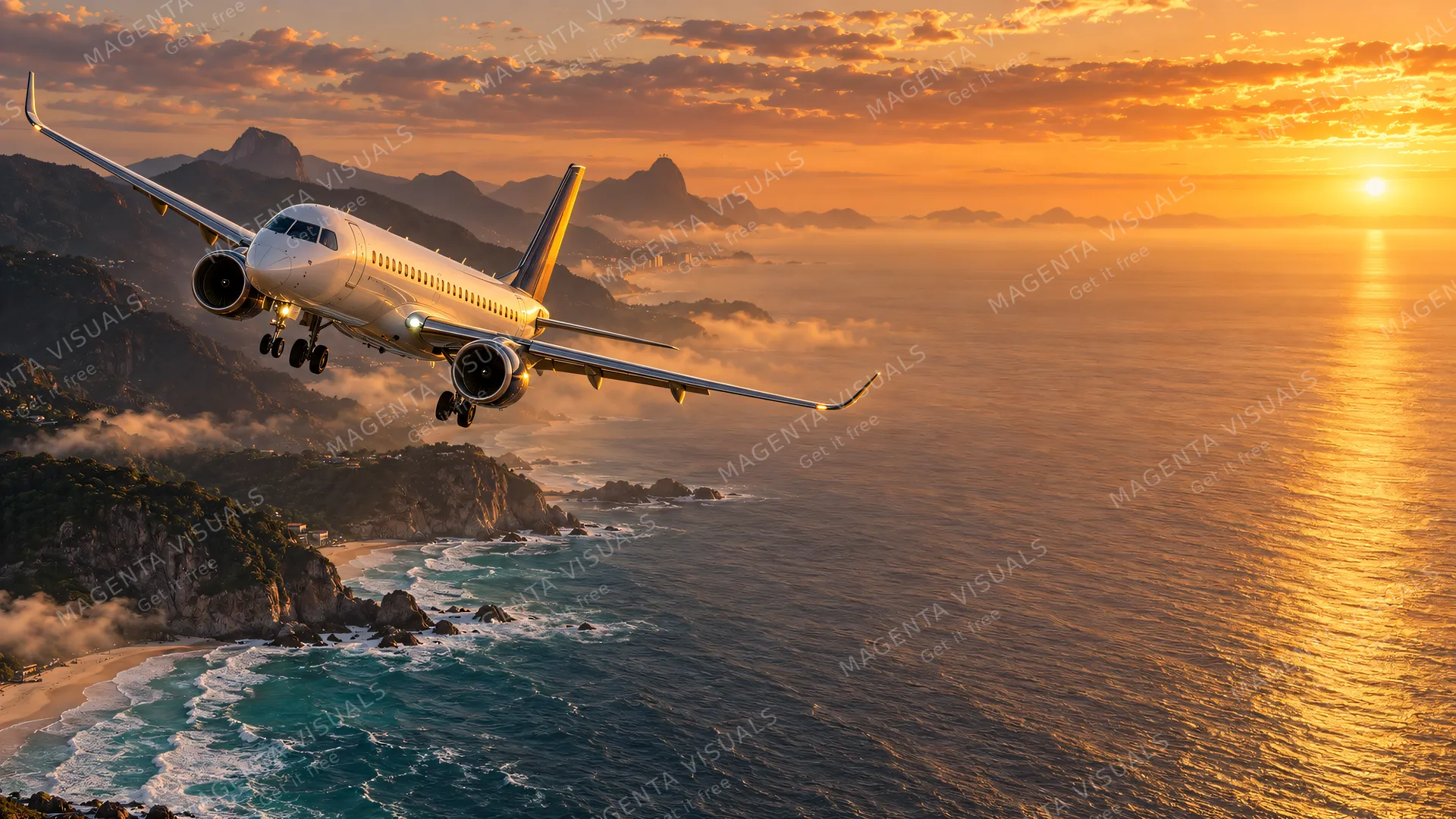 4K wallpaper of A stunning 16:9 widescreen desktop wallpaper featuring an Embraer E195-E2 in a golden hour approach along the South Atlantic coastline.