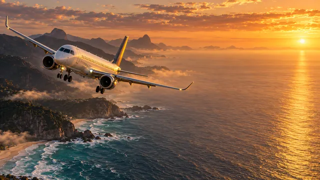 4K wallpaper of A stunning 16:9 widescreen desktop wallpaper featuring an Embraer E195-E2 in a golden hour approach along the South Atlantic coastline.