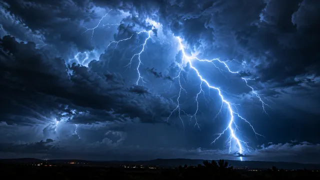4K A 16:9 widescreen desktop wallpaper featuring a dramatic storm photo of a massive, glowing electric blue lightning bolt tearing through dark, turbulent storm clouds.