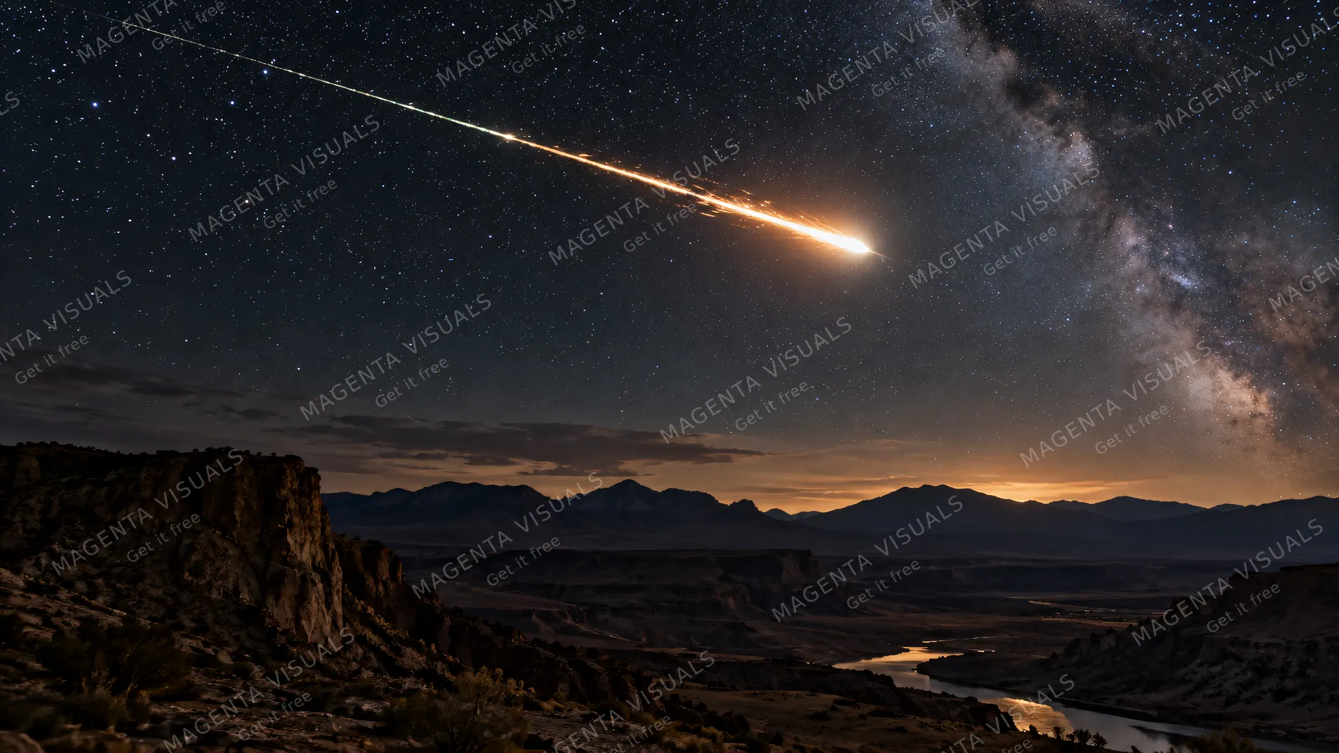4K 16:9 widescreen desktop wallpaper, a photoreal photograph of a brilliant meteor streak burning through the deep starry night sky over a dramatic silhouetted desert landscape.