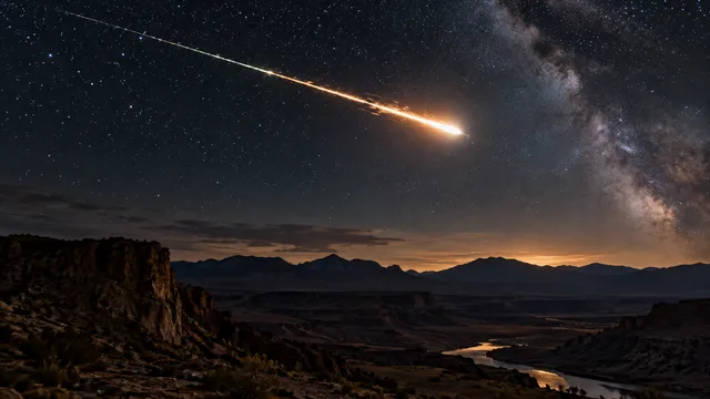 4K 16:9 widescreen desktop wallpaper, a photoreal photograph of a brilliant meteor streak burning through the deep starry night sky over a dramatic silhouetted desert landscape.