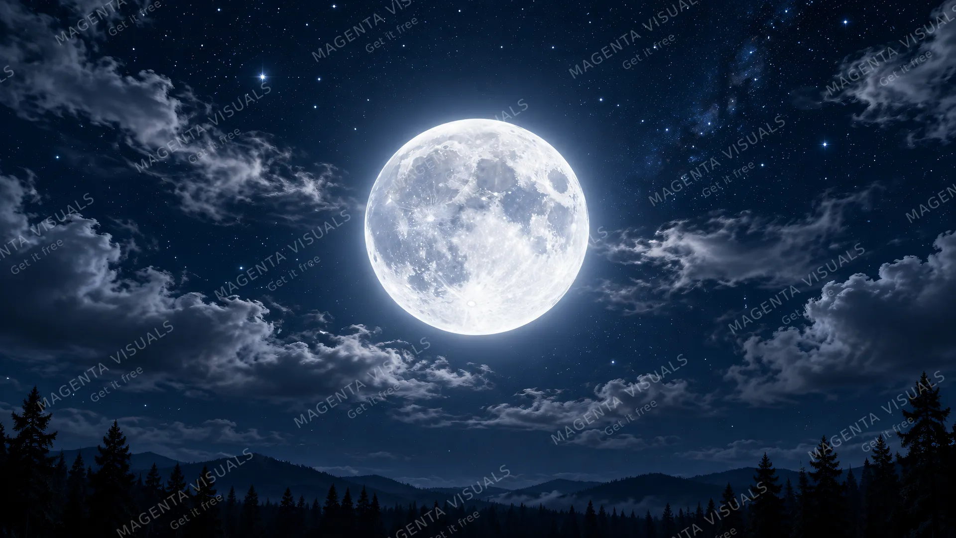 4K A stunning 16:9 widescreen desktop wallpaper featuring a luminous full moon centered perfectly in a deep midnight blue sky.