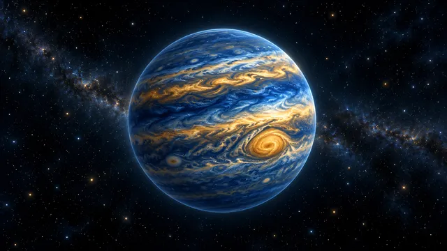 4K A 16:9 widescreen desktop wallpaper featuring a breathtaking, gas giant planet perfectly centered in a deep space sky.