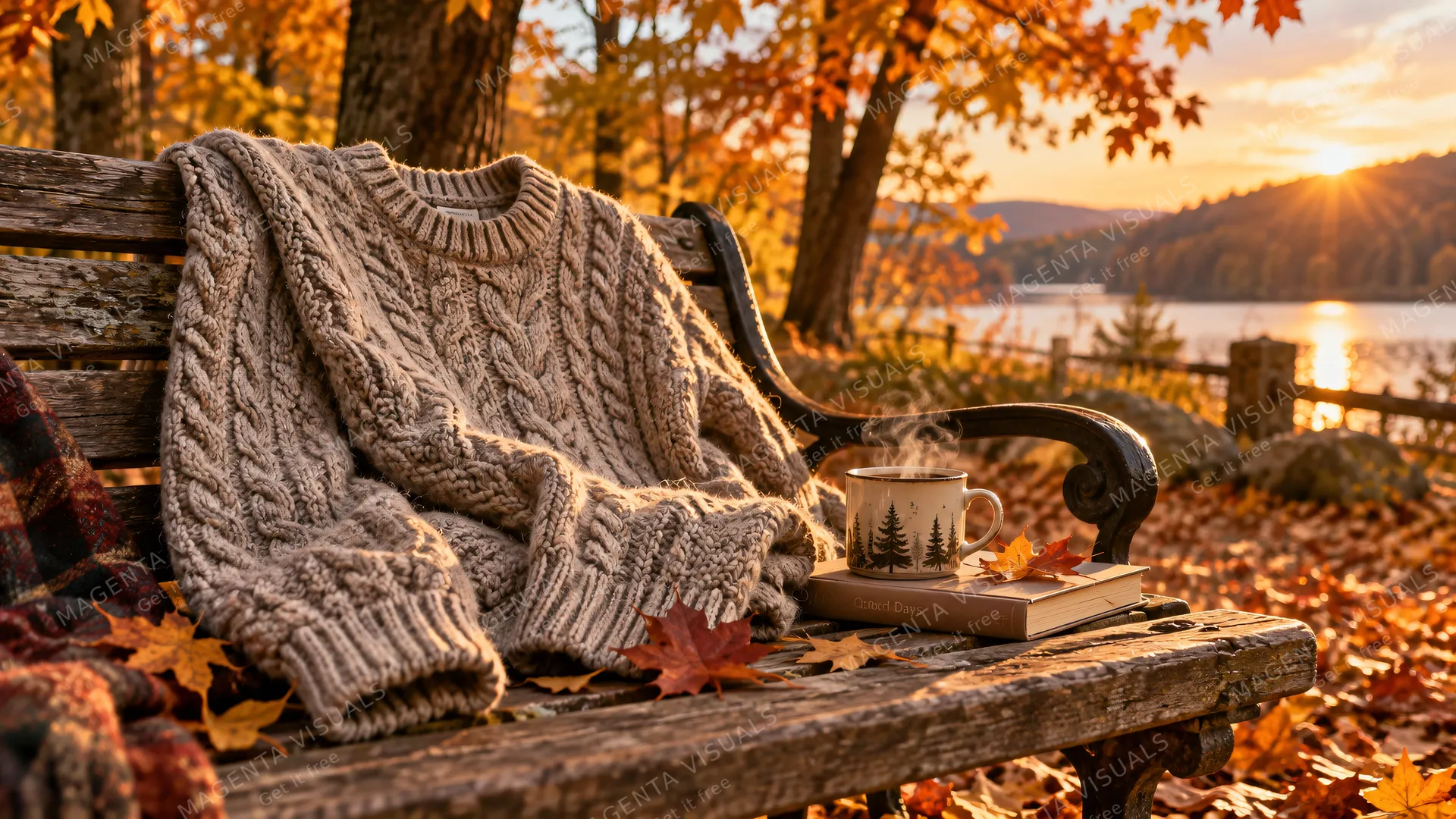 4K 16:9 widescreen photoreal photograph of a thick knitted wool sweater resting on a rustic wooden bench in a serene autumn park.