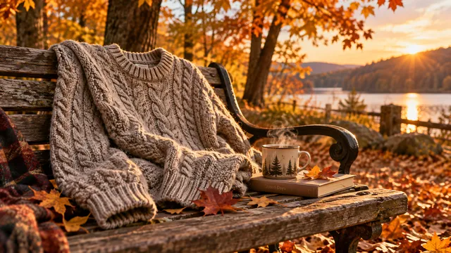 4K 16:9 widescreen photoreal photograph of a thick knitted wool sweater resting on a rustic wooden bench in a serene autumn park.