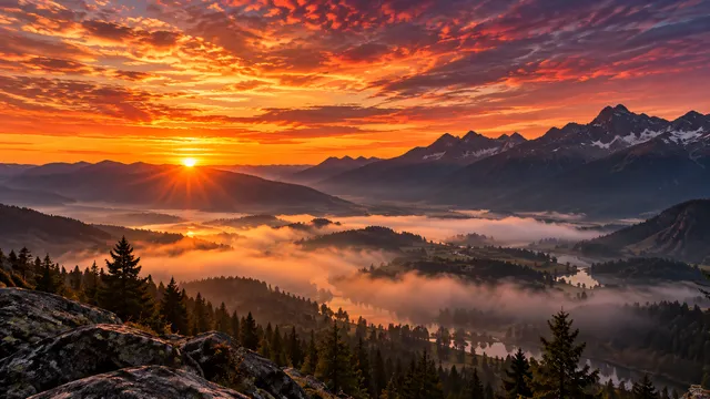 4K A 16:9 widescreen desktop wallpaper featuring a stunning sunrise landscape in a full-bleed photoreal photograph.