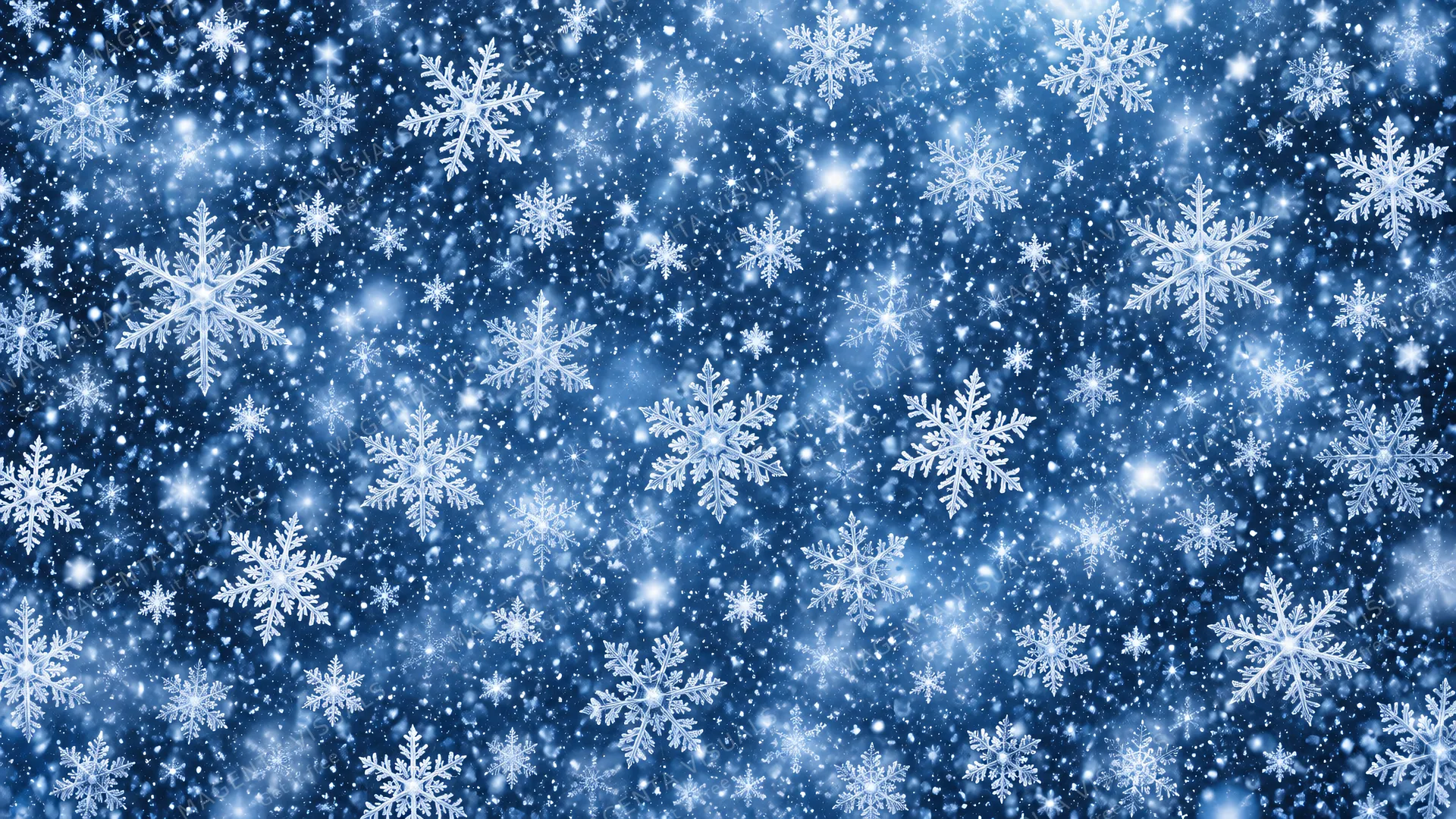 4K 16:9 widescreen desktop wallpaper, full-bleed pattern of a falling-snow field, delicate and diverse snowflake shapes forming an all-over wallpaper pattern, crisp white and icy blu…