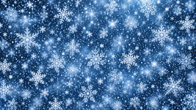 4K 16:9 widescreen desktop wallpaper, full-bleed pattern of a falling-snow field, delicate and diverse snowflake shapes forming an all-over wallpaper pattern, crisp white and icy blu…